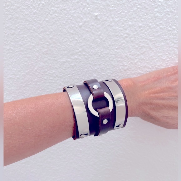 Unisex Leather Cuff with Metal Details - Picture 11 of 11